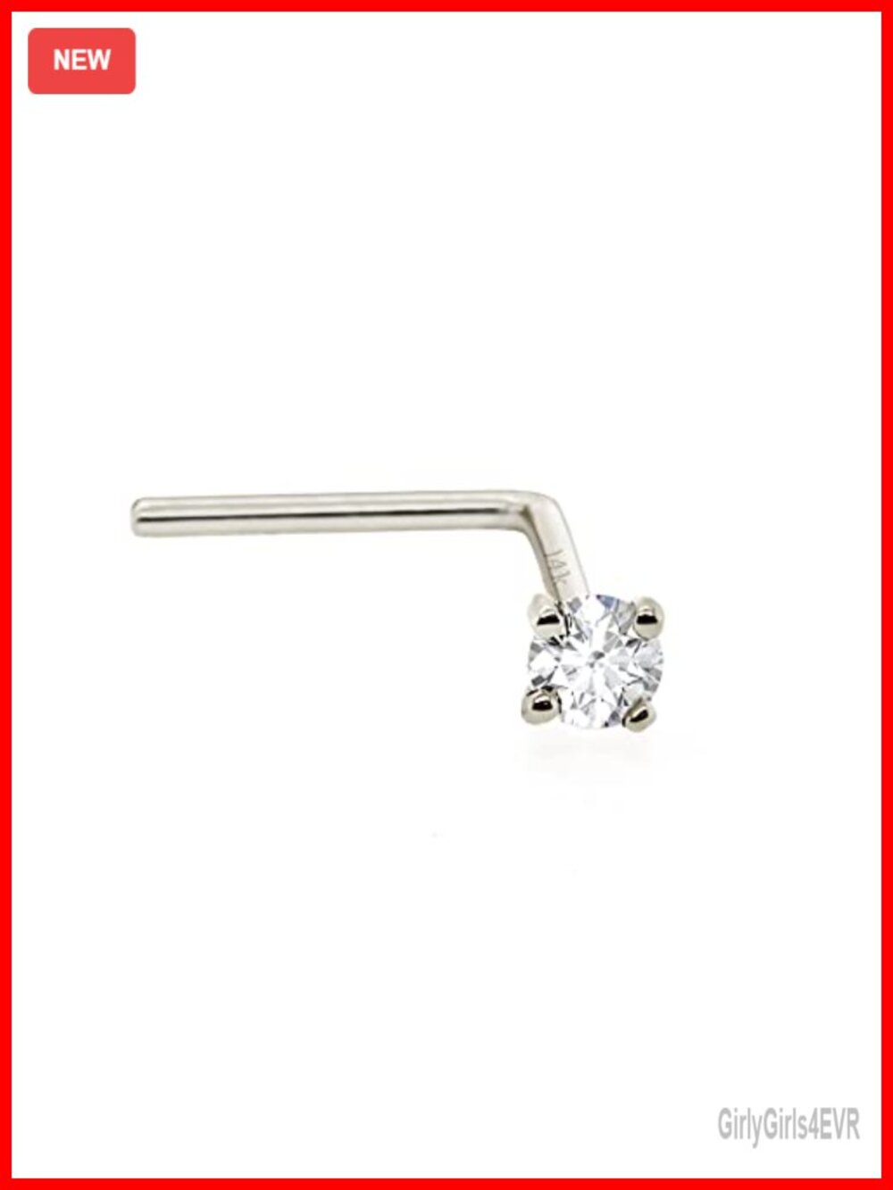 14Kt Gold Real Diamond Nose Stud 22G L-Shape Nose Ring Stud April Birthstone